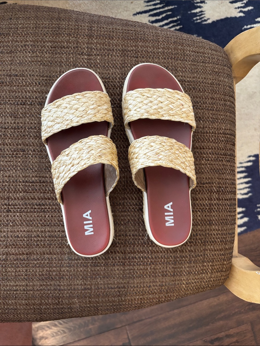 MIA Double Braided Slide Sandals in Natural Straw and Burgundy